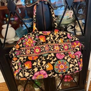Vera Bradley Black Quilted Floral Travel Bag with Pink & Orange Accents